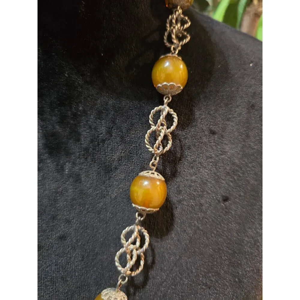 Women's Vintage Style Amber Color Bead Necklace Silver Tone Chain Round Beads